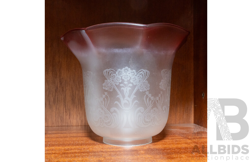 Collection Four Antique Glass Light Covers Including Two Different Graduating Cranberry Glass Art Nouveau Examples with Etched Decoration
