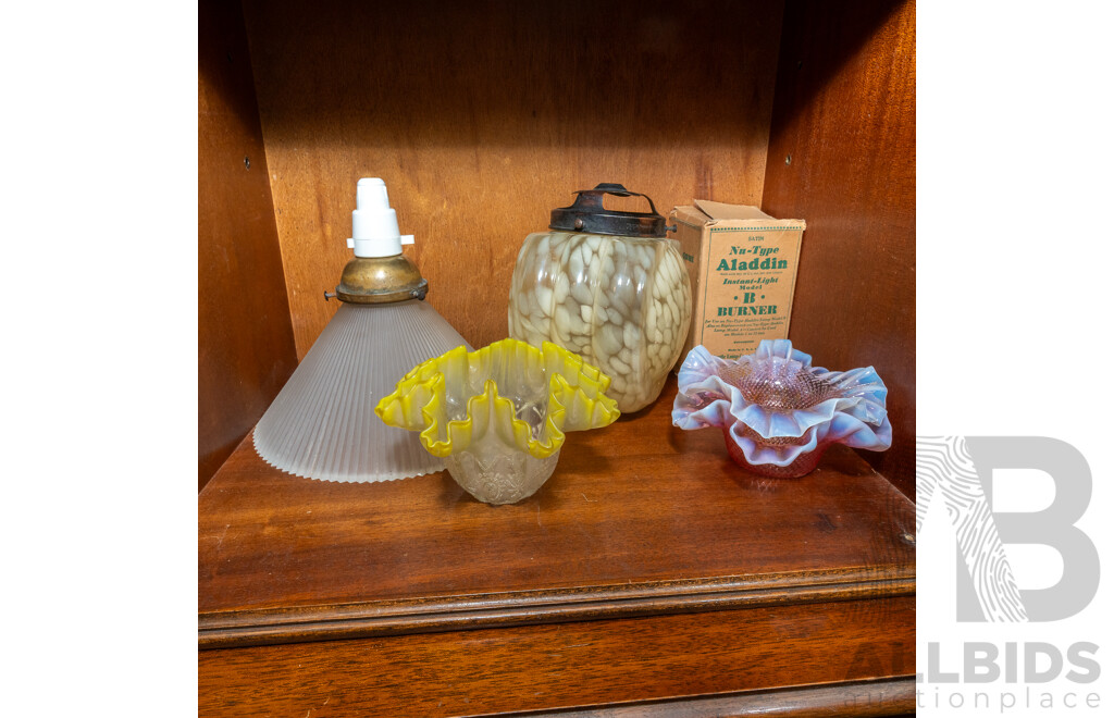 Collection Five Antique and Vintage Glass Light Covers Including Art Deco Mottled Green Glass Example, Pair Pink Glass Examples with Ruffled Edges, Aladdin Lamp Burner in  Original Box and More