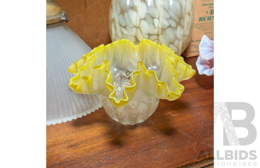 Collection Five Antique and Vintage Glass Light Covers Including Art Deco Mottled Green Glass Example, Pair Pink Glass Examples with Ruffled Edges, Aladdin Lamp Burner in  Original Box and More
