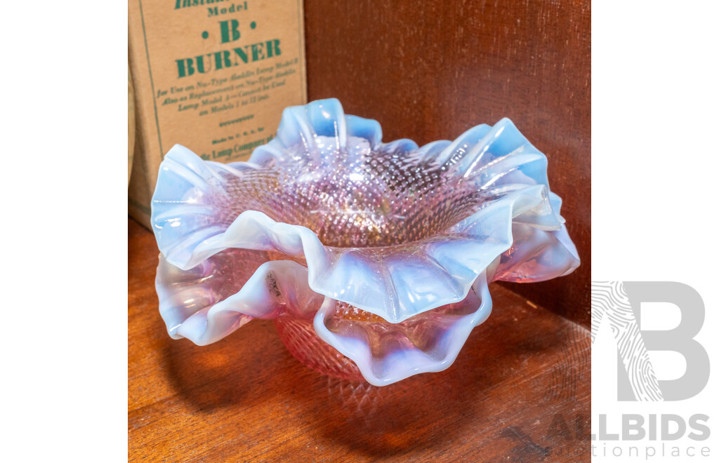 Collection Five Antique and Vintage Glass Light Covers Including Art Deco Mottled Green Glass Example, Pair Pink Glass Examples with Ruffled Edges, Aladdin Lamp Burner in  Original Box and More