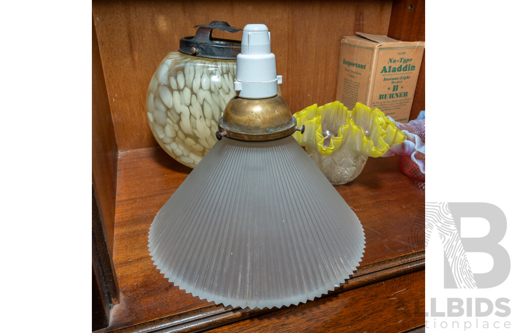 Collection Five Antique and Vintage Glass Light Covers Including Art Deco Mottled Green Glass Example, Pair Pink Glass Examples with Ruffled Edges, Aladdin Lamp Burner in  Original Box and More