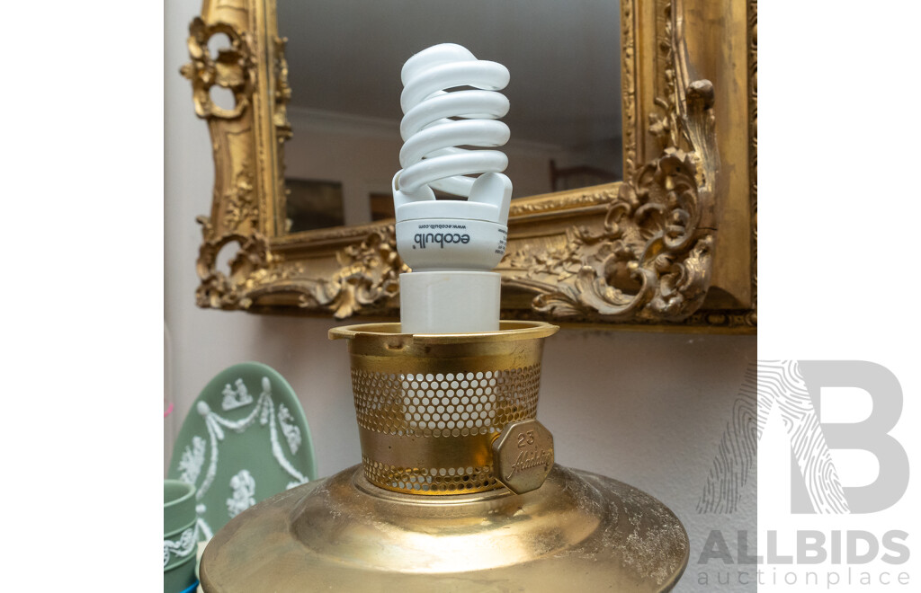 Vintage Brass Aladdin Lamp with Glass Shade and Flue Converted to Electricity