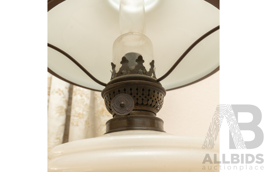 Vintage Table Lamp with White Glass Font, Brass Fittings, and Glass Flue