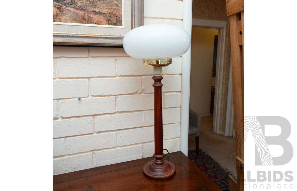Vintage Table Lamp with Turned Wooden Base and White Glass Cover