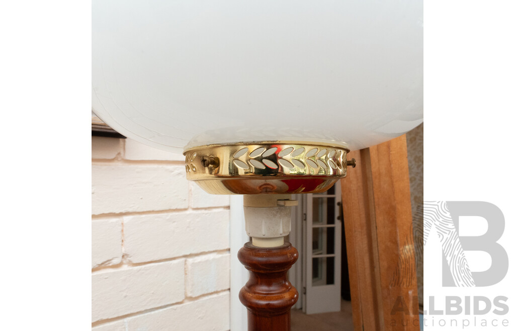 Vintage Table Lamp with Turned Wooden Base and White Glass Cover