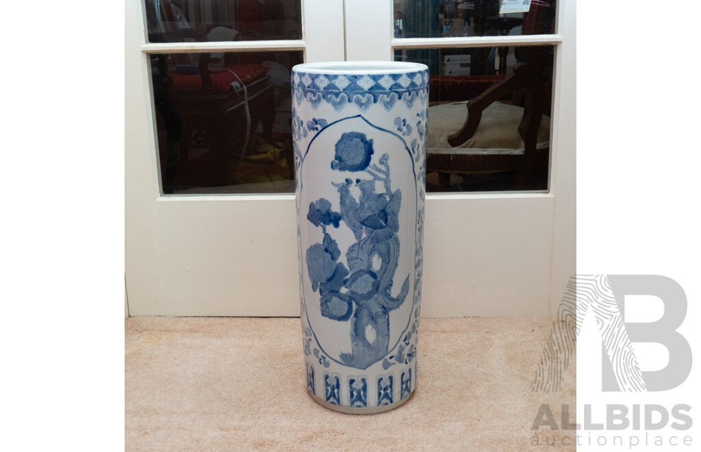 Antique Chinese Porcelain Umbrella Stand with Hand Painted Blue & White Decoration of Golden Pheasants to Front