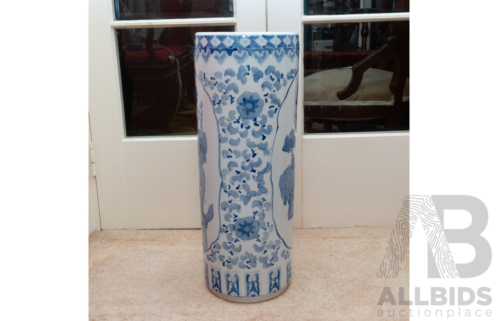 Antique Chinese Porcelain Umbrella Stand with Hand Painted Blue & White Decoration of Golden Pheasants to Front