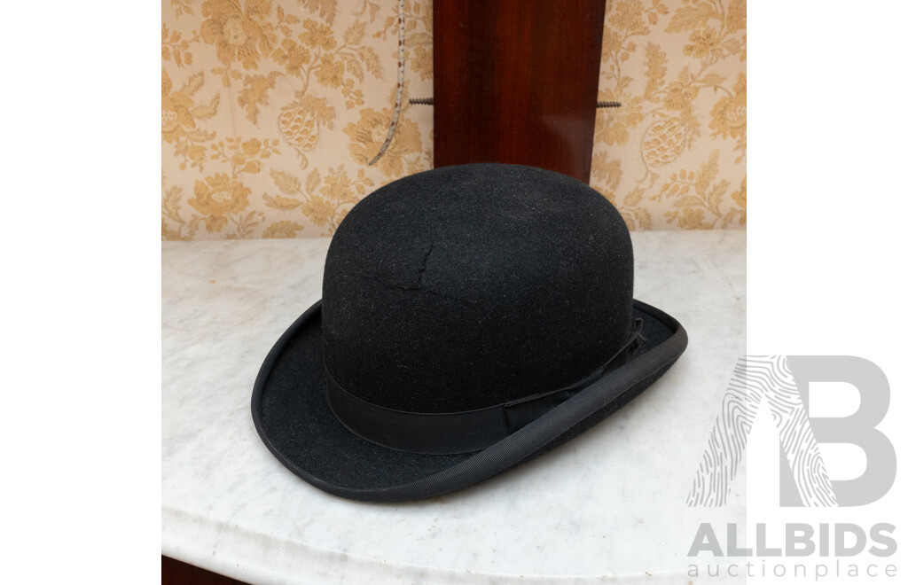Collection Vintage Hats Including Top Hat by Welt Klapphut, Bowler Hat by Dunn & Co