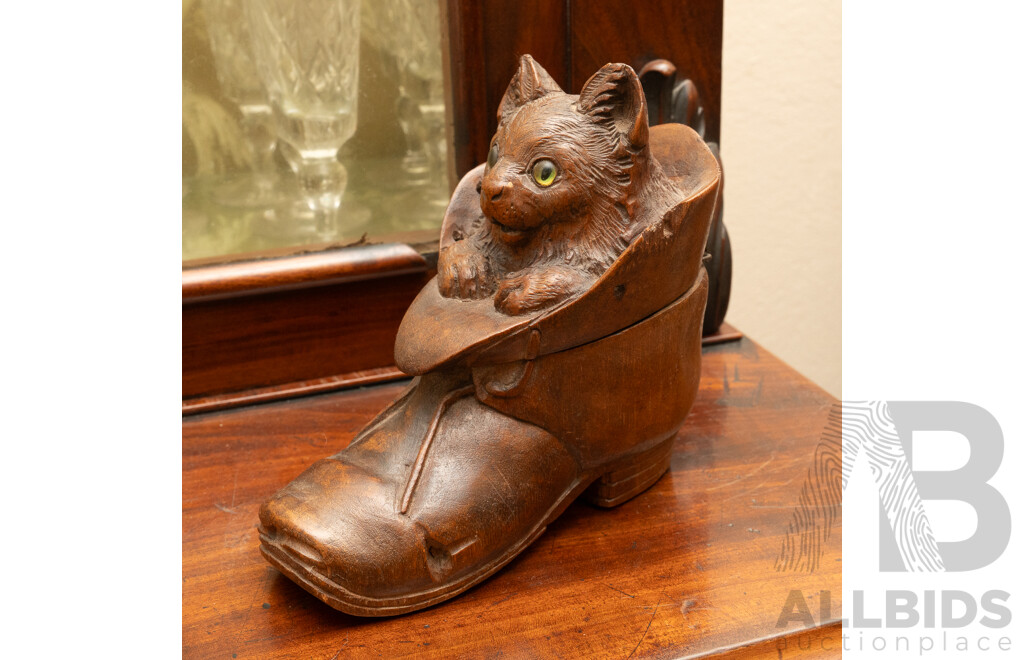 Antique German Black Forrest Hand Carved Wooden Cat in Boot Inkwell with Green Glass Eyes