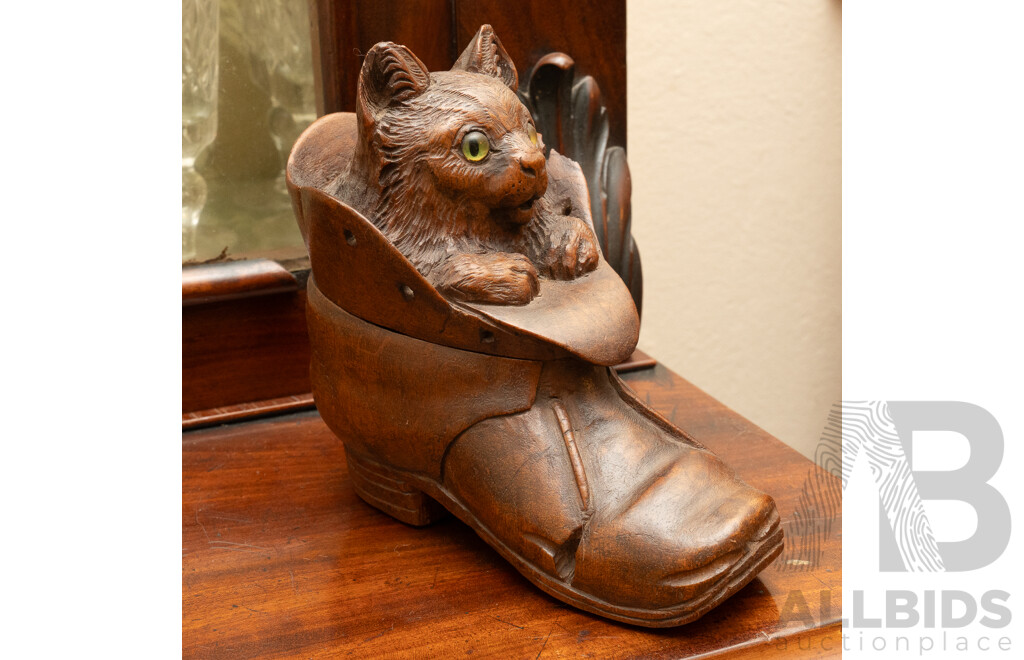 Antique German Black Forrest Hand Carved Wooden Cat in Boot Inkwell with Green Glass Eyes