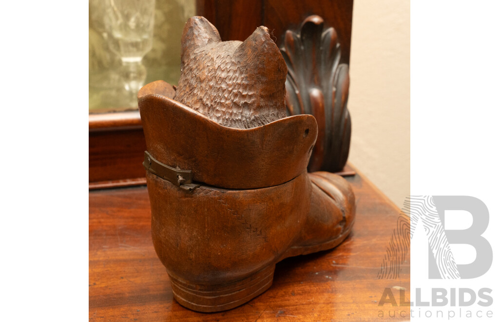 Antique German Black Forrest Hand Carved Wooden Cat in Boot Inkwell with Green Glass Eyes