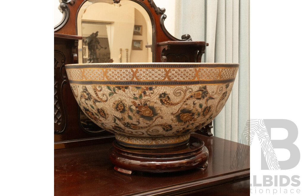Very Large Japanese Satsuma Bowl with Foliate Motif and Crackle Glaze on Wooden Stand