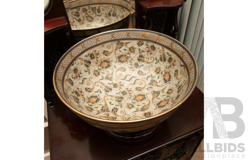 Very Large Japanese Satsuma Bowl with Foliate Motif and Crackle Glaze on Wooden Stand