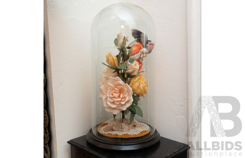 Vintage Presentation with Flowers and Taxidermy Bird Under Glass Dome