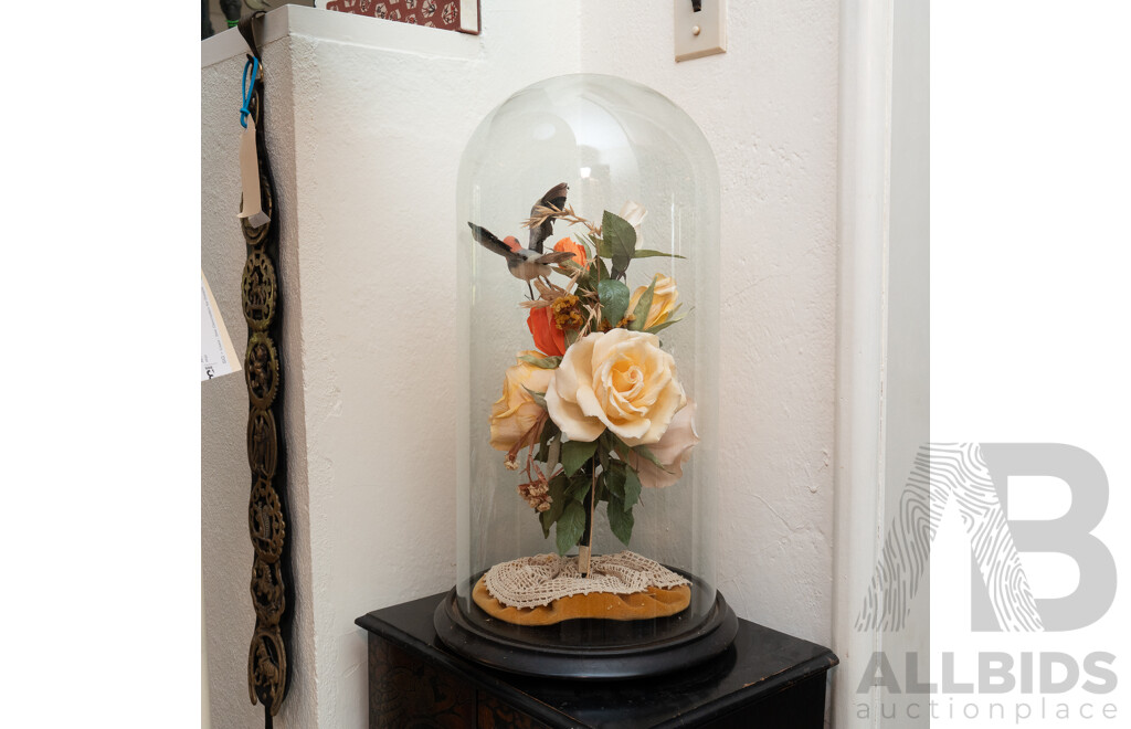 Vintage Presentation with Flowers and Taxidermy Bird Under Glass Dome