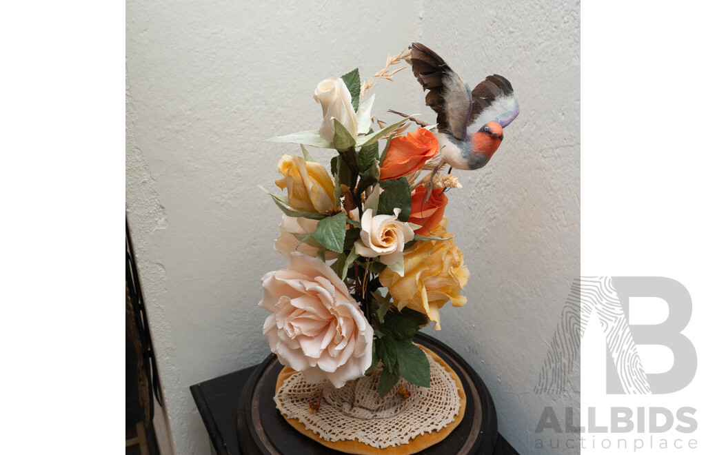 Vintage Presentation with Flowers and Taxidermy Bird Under Glass Dome