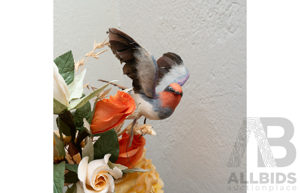 Vintage Presentation with Flowers and Taxidermy Bird Under Glass Dome