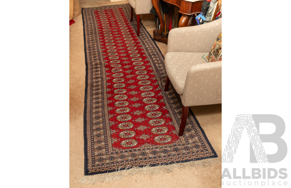 Large Hand Knotted Afghan Wool Bokhara Style Hallway Runner with Gul Design