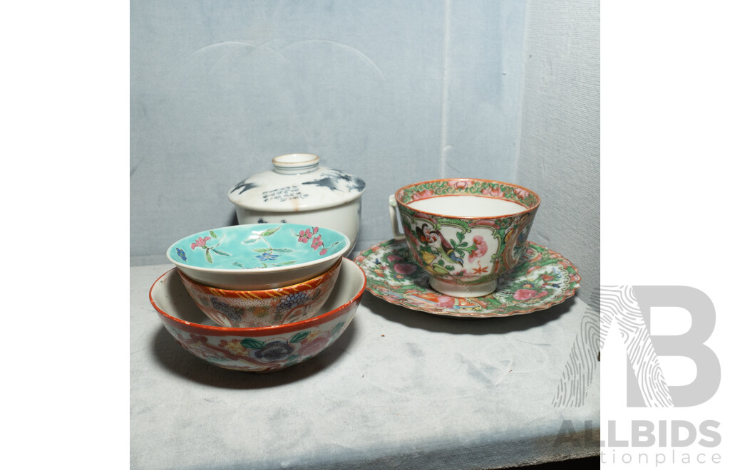 Collection Antique & Vintage Chinese Hand Painted Porcelain Including Famille Rose Duo, Lidded Tea Cup and More