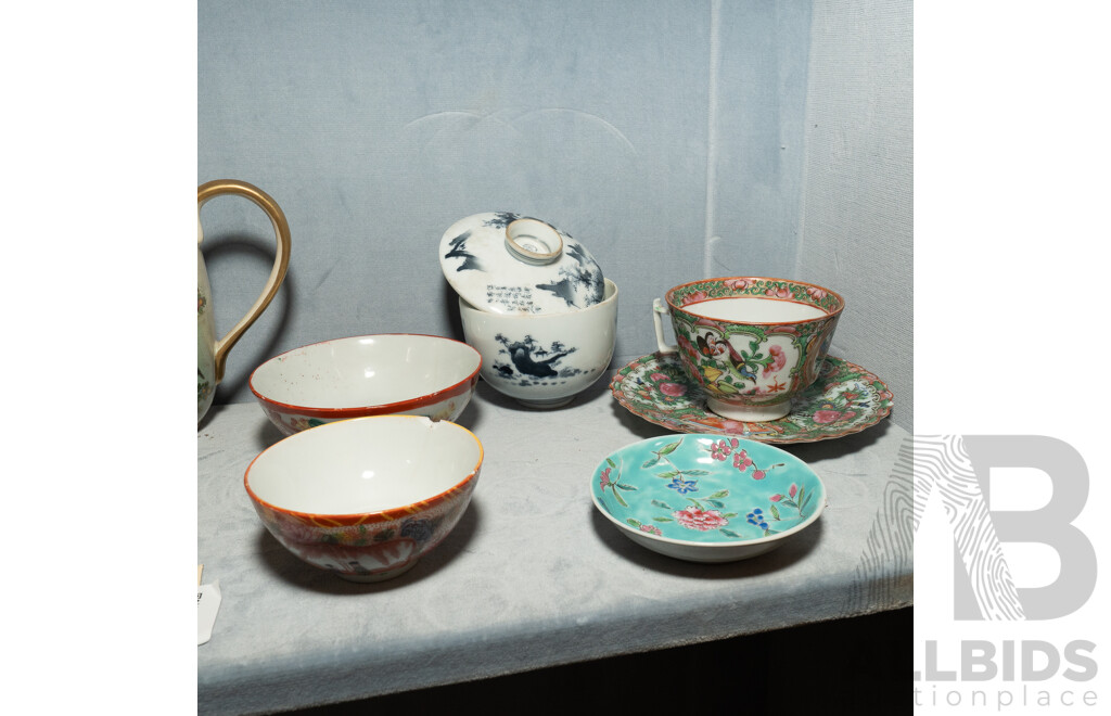 Collection Antique & Vintage Chinese Hand Painted Porcelain Including Famille Rose Duo, Lidded Tea Cup and More