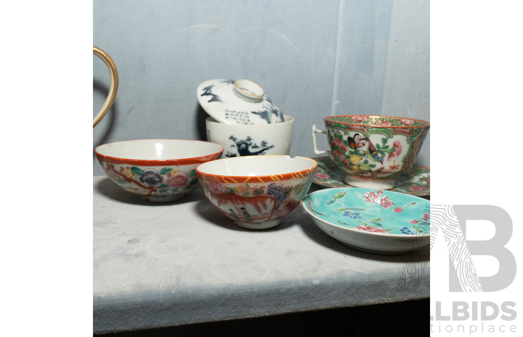 Collection Antique & Vintage Chinese Hand Painted Porcelain Including Famille Rose Duo, Lidded Tea Cup and More