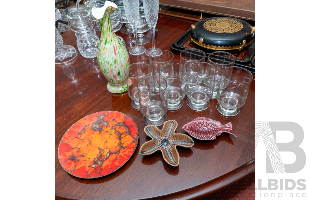 Collection Mid Century Pieces Including Studio Glass Pitcher, Set Eight Glasses, Enamel Copper Plate, Wade Starfish Form Dish and More