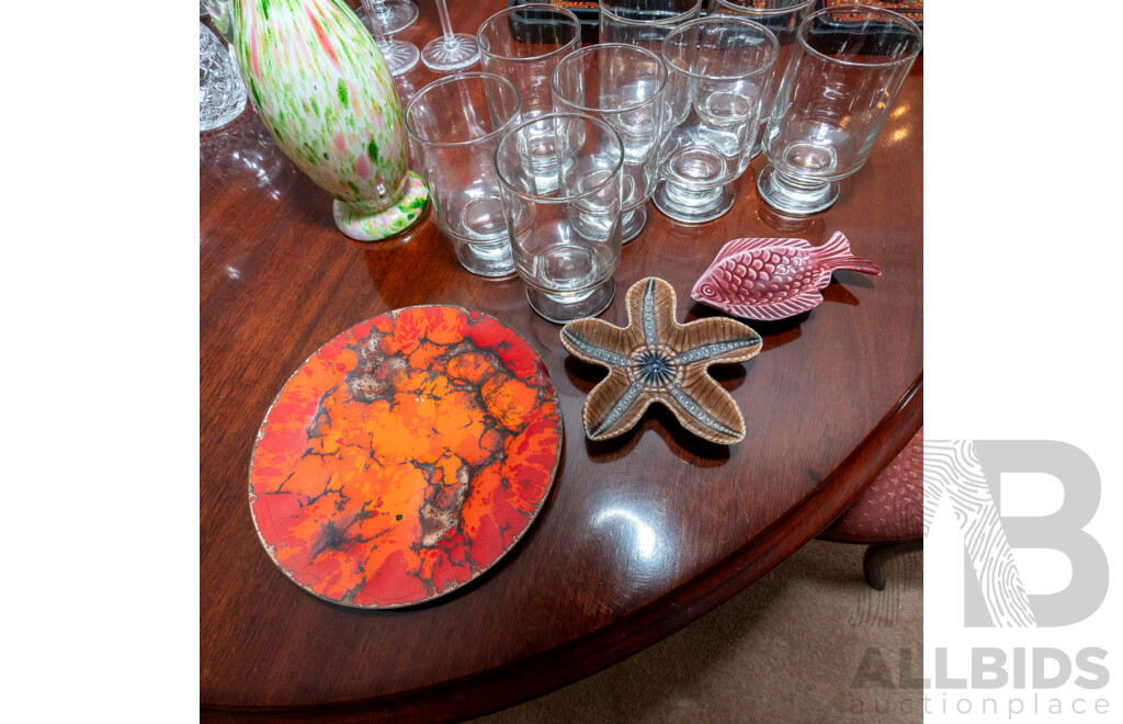 Collection Mid Century Pieces Including Studio Glass Pitcher, Set Eight Glasses, Enamel Copper Plate, Wade Starfish Form Dish and More