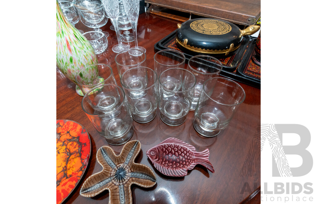 Collection Mid Century Pieces Including Studio Glass Pitcher, Set Eight Glasses, Enamel Copper Plate, Wade Starfish Form Dish and More