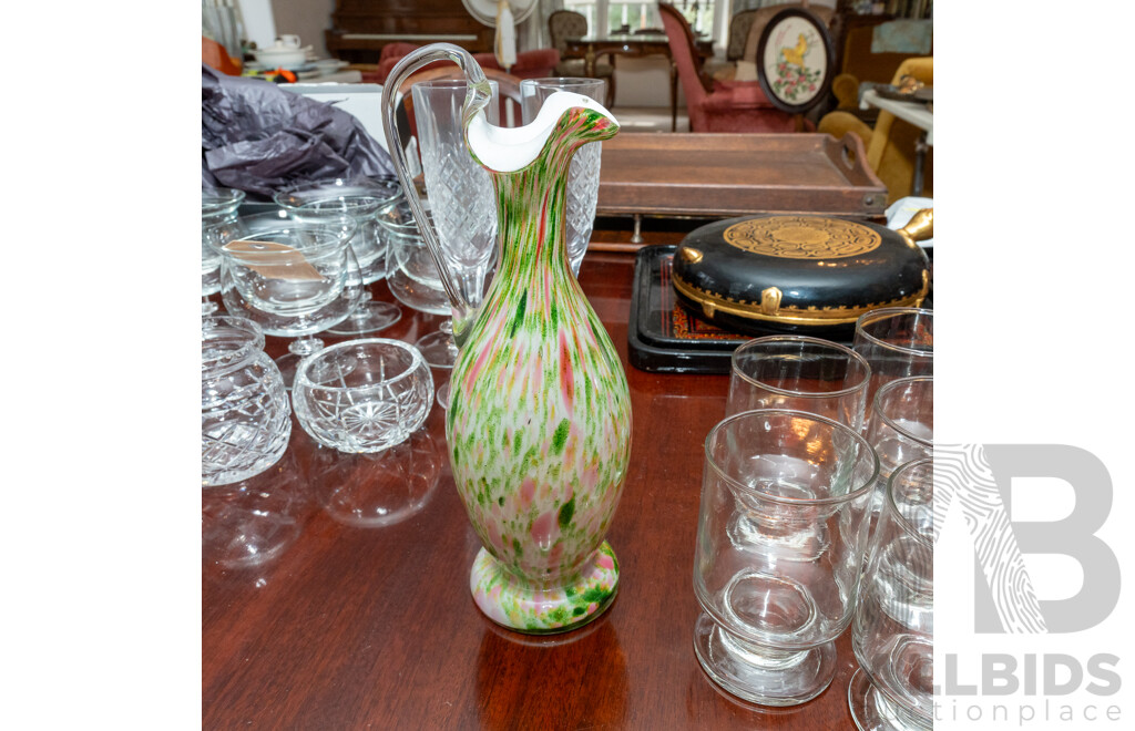 Collection Mid Century Pieces Including Studio Glass Pitcher, Set Eight Glasses, Enamel Copper Plate, Wade Starfish Form Dish and More