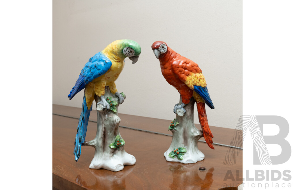 Pair Antique German Sitzendorf Porcelain Parrot Figures, Circa 1800s