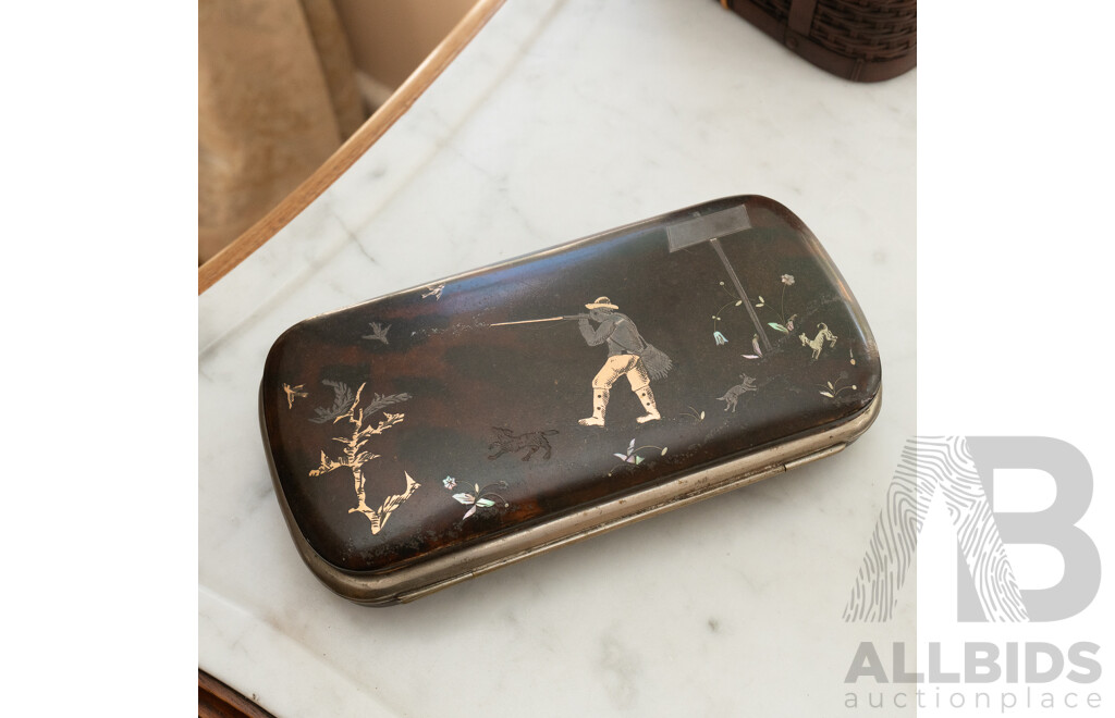 Antique Tortoise Shell Case with Metal and Mother of Pearl Inlayed Hunting Scene to Top