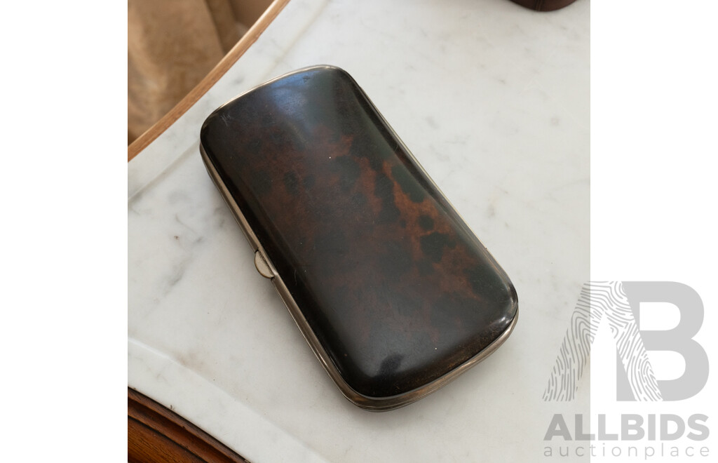Antique Tortoise Shell Case with Metal and Mother of Pearl Inlayed Hunting Scene to Top