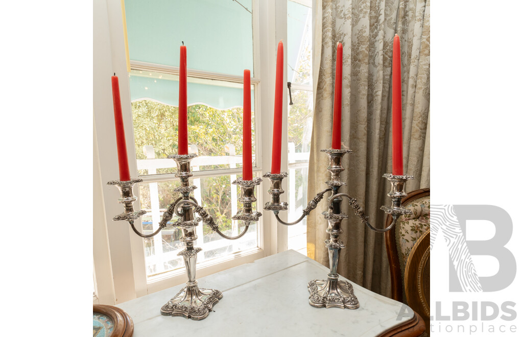 Antique Pair English Sheffield Plate Two Branch Three Stick Candelabra