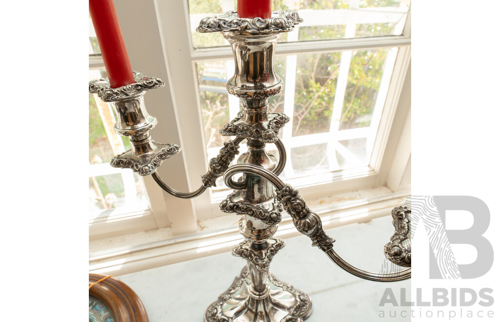 Antique Pair English Sheffield Plate Two Branch Three Stick Candelabra