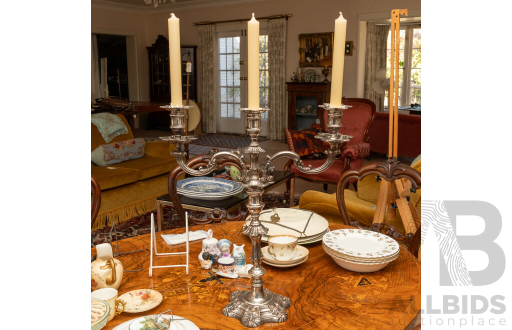 Large Antique George III Style Two Branch Three Candle Sheffield Plate Candleabra