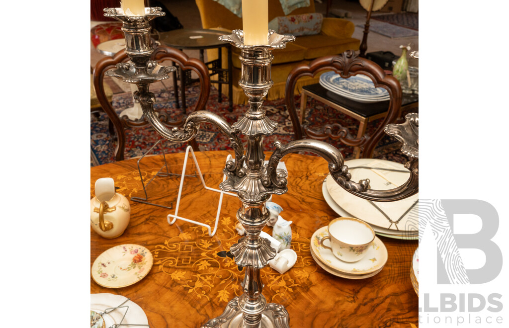 Large Antique George III Style Two Branch Three Candle Sheffield Plate Candleabra