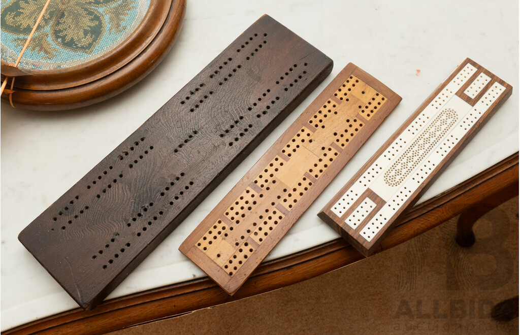 Collection Three Antique Cribbage Boards Including Ivory Inlaid Example