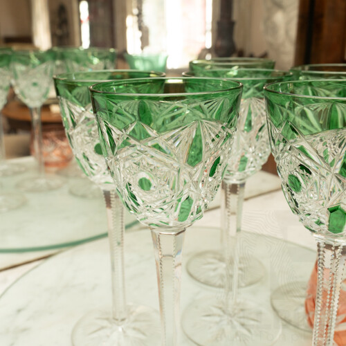 Set Six Vintage Baccarat Green Flashed Wine Glasses Along with Other Glassware