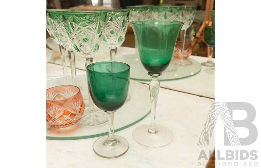 Set Six Vintage Baccarat Green Flashed Wine Glasses Along with Other Glassware
