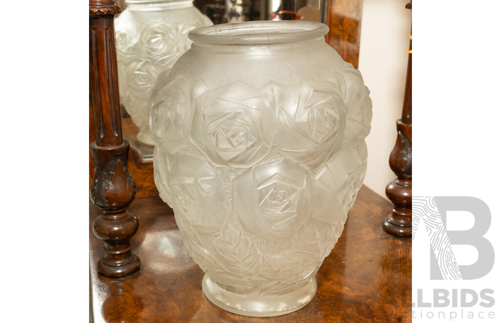 Antique Art Deco Czechoslovakian Moulded Glass Vase with Rose Theme