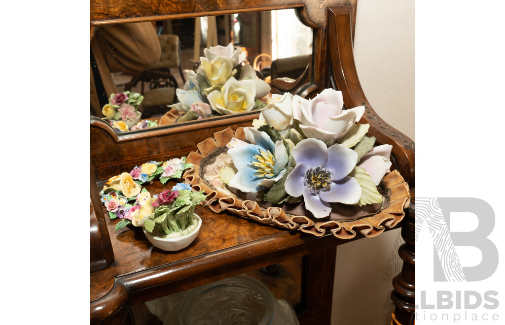 Collection English Crown Staffordshire Porcelain Flower Posy Brooches and Earrings Along with Capodimonte Flower Posy