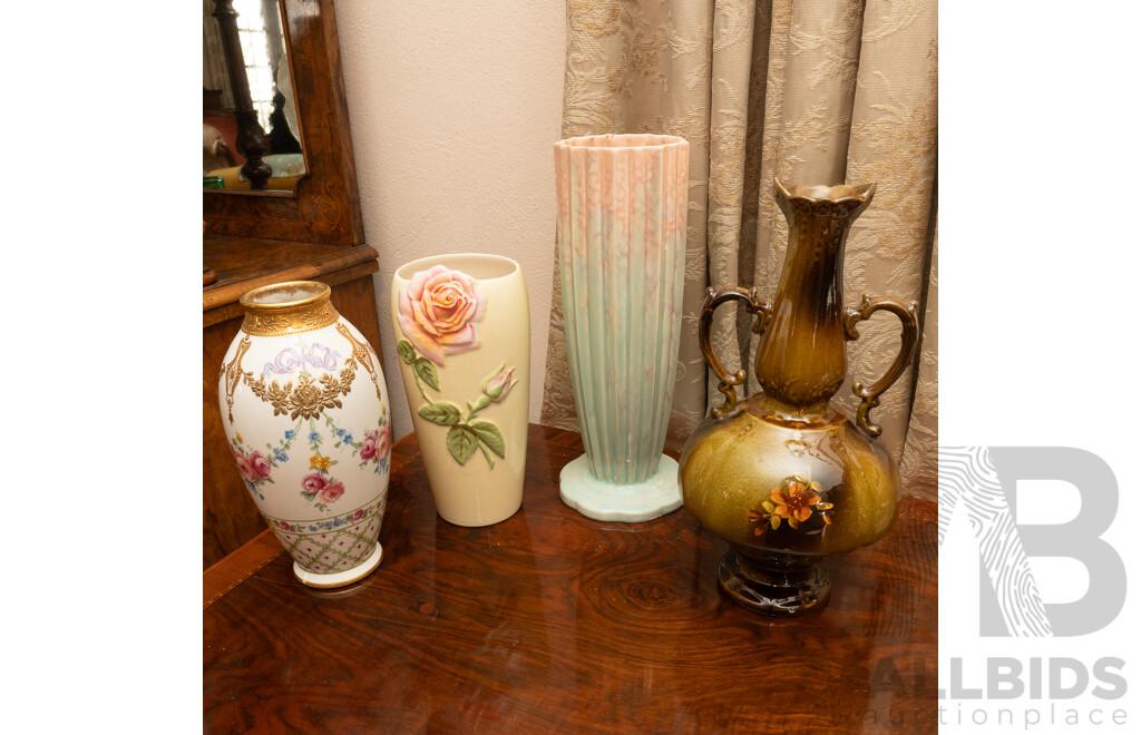 Collection English Porcelain Vases Including Brown Wardle Example, Royal Winton with Applied Rose and More