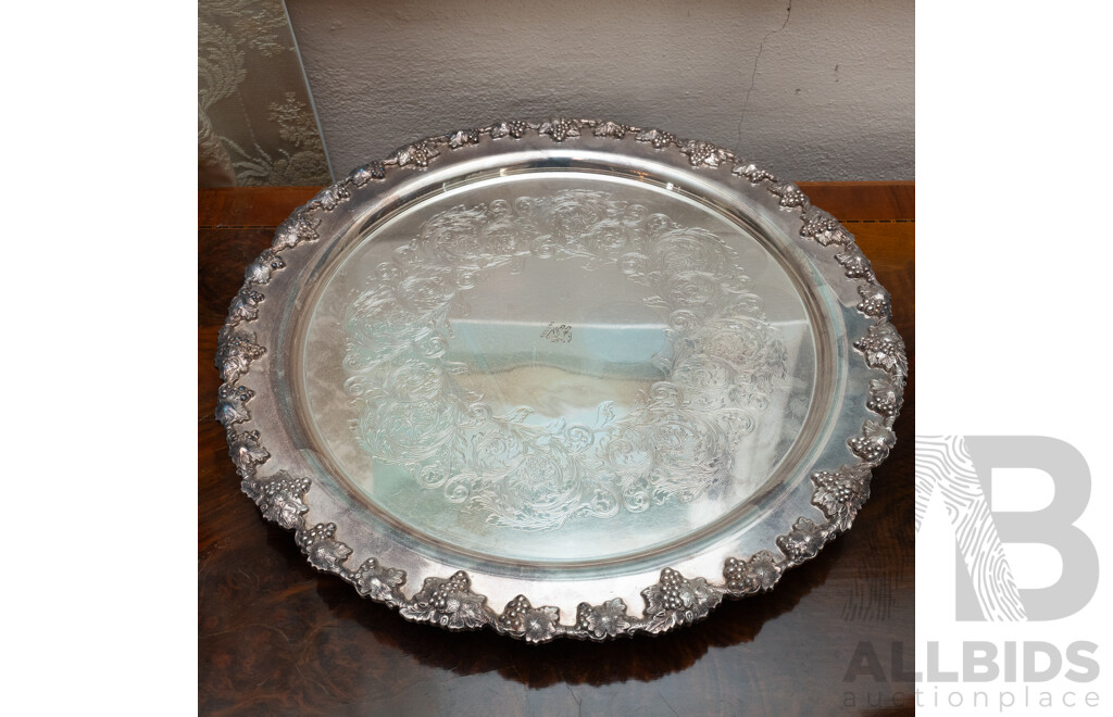 Antique Art Nouveau Silver Plate Taza Along with Reproduction Old Sheffield Plate Salver with Foliate Border, Engraved Centre and Crest
