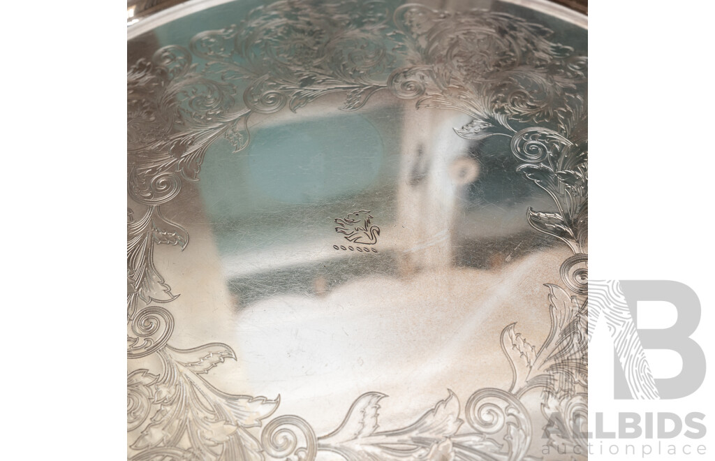 Antique Art Nouveau Silver Plate Taza Along with Reproduction Old Sheffield Plate Salver with Foliate Border, Engraved Centre and Crest