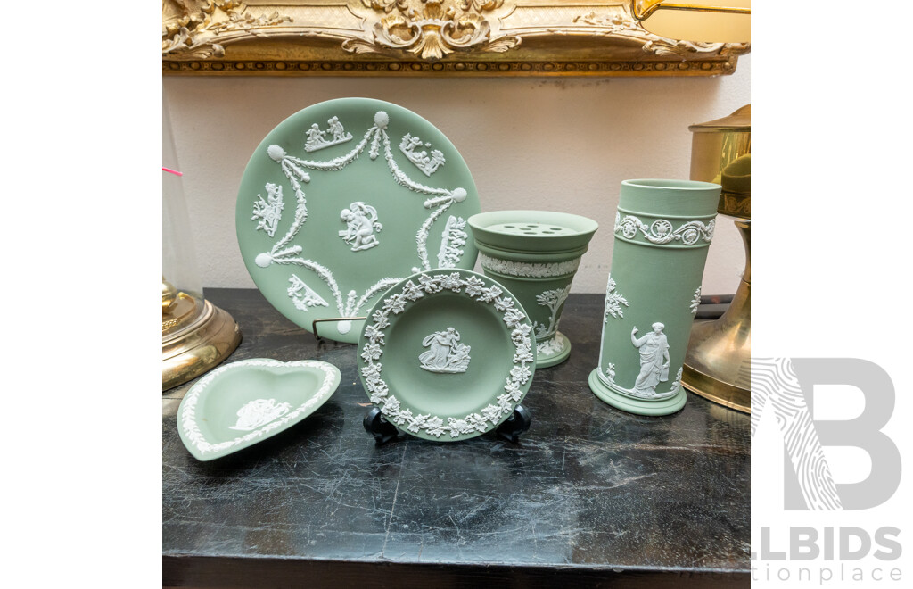 Collection Five Pieces Wedgwood Jasper Ware in Sage Green