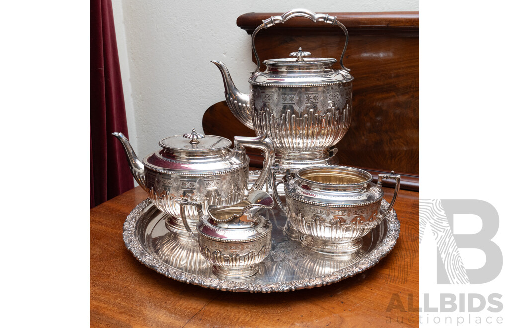 Antique Four Piece Silver Plate Tea Set by Walker & Hall Along with Large Silver Plate Charger with Repousse Foliate Rim