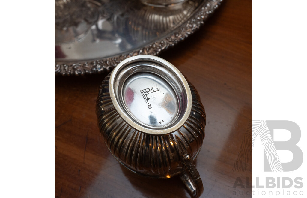 Antique Four Piece Silver Plate Tea Set by Walker & Hall Along with Large Silver Plate Charger with Repousse Foliate Rim