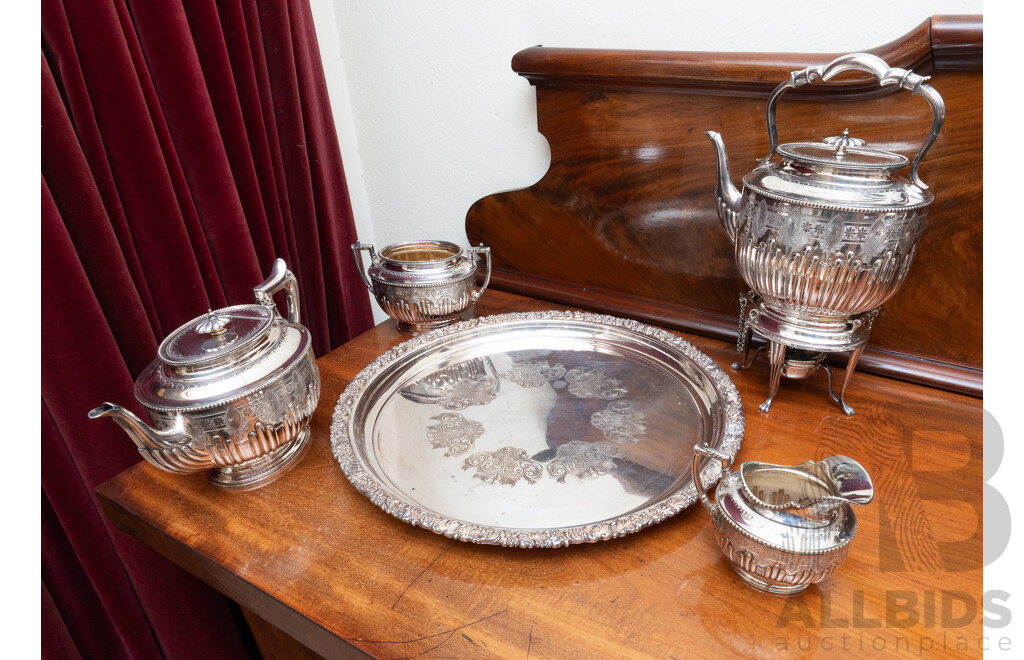 Antique Four Piece Silver Plate Tea Set by Walker & Hall Along with Large Silver Plate Charger with Repousse Foliate Rim