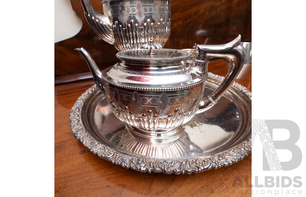 Antique Four Piece Silver Plate Tea Set by Walker & Hall Along with Large Silver Plate Charger with Repousse Foliate Rim