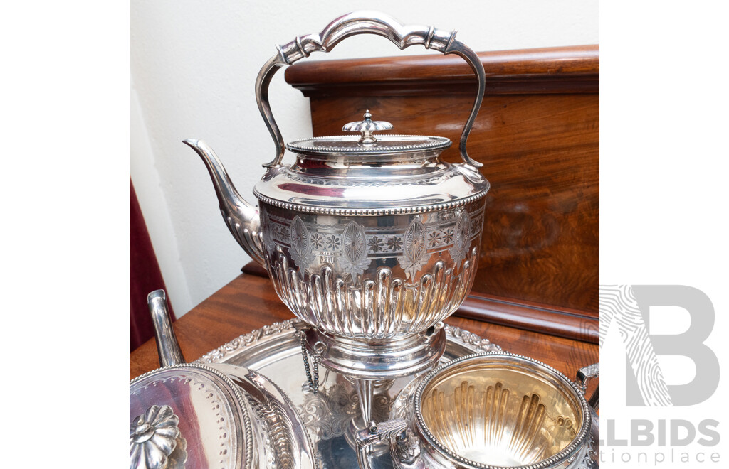 Antique Four Piece Silver Plate Tea Set by Walker & Hall Along with Large Silver Plate Charger with Repousse Foliate Rim